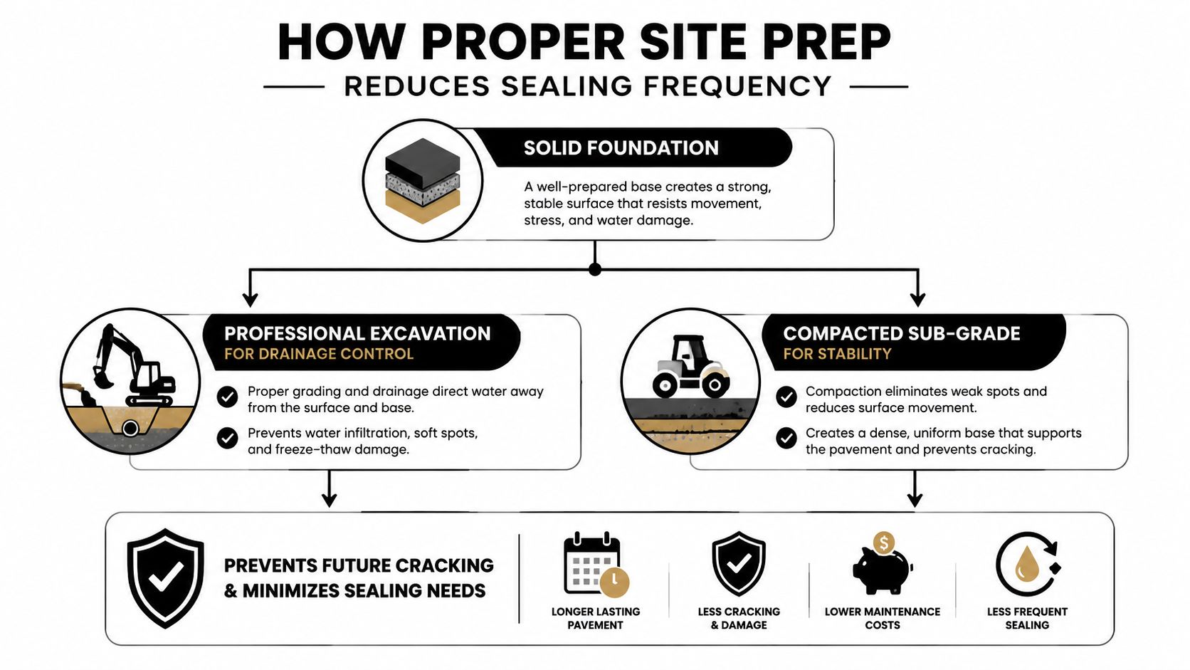 A diagram explaining how proper site preparation reduces the frequency of driveway and pavement sealing.