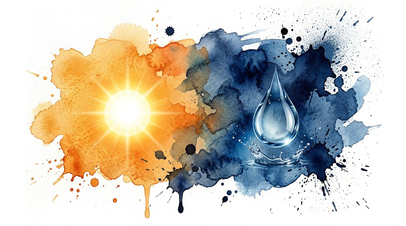 A conceptual watercolor illustration representing the contrast between sunlight and water, symbolizing environmental cycles and elements.