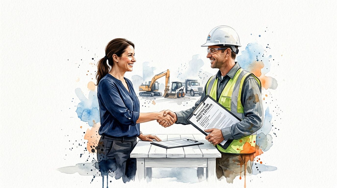 A professional woman and a construction worker shaking hands over a project estimate at a job site.