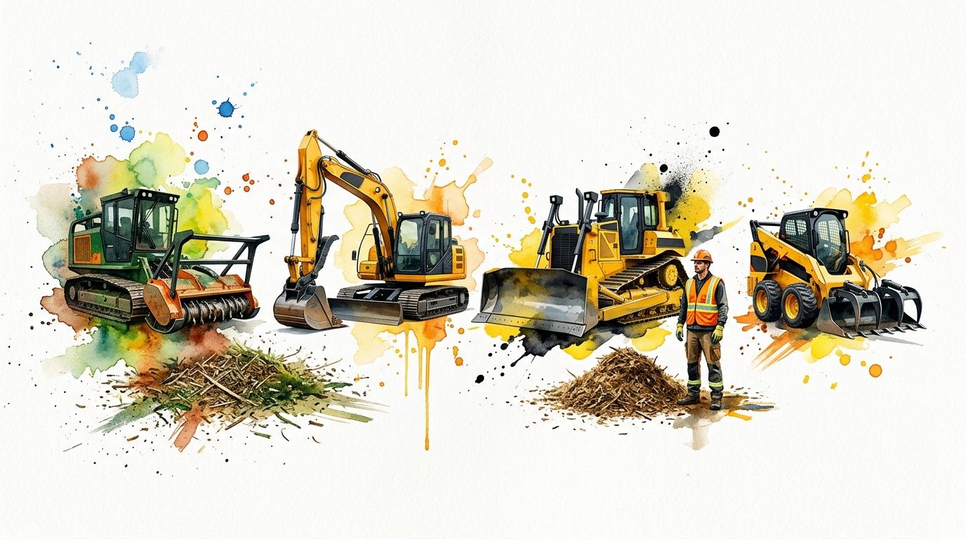 Various construction and land clearing machines alongside a worker against a vibrant watercolor background illustration.