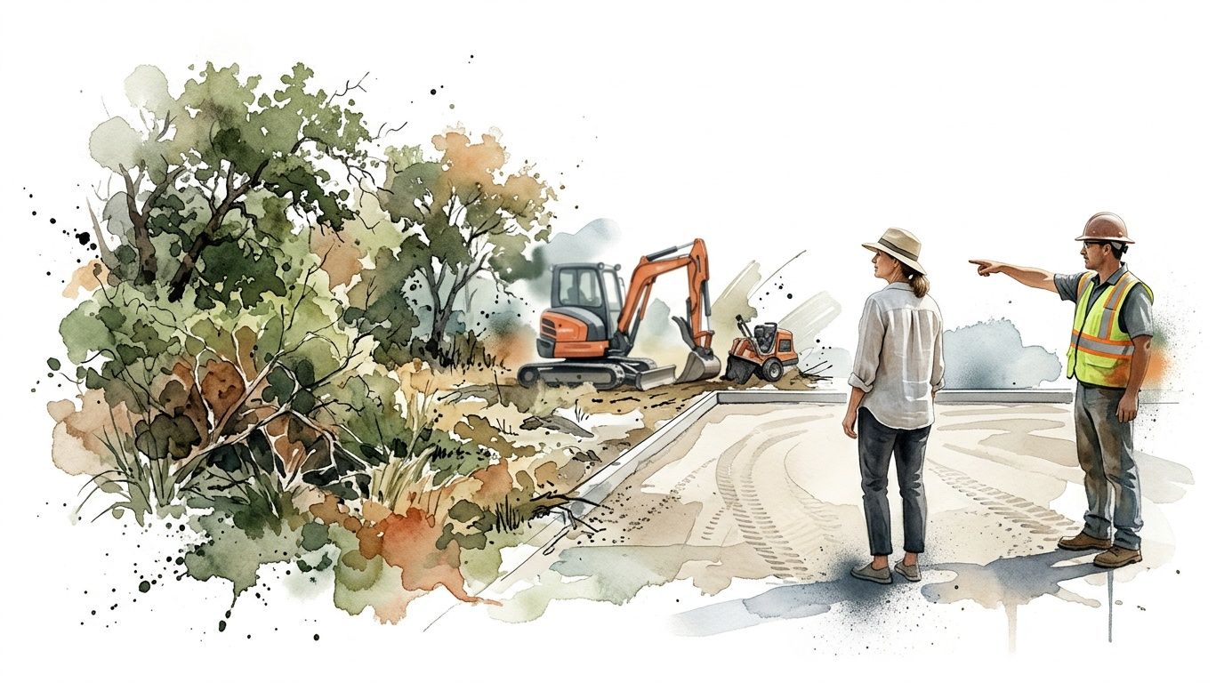 A construction manager and property owner observing land clearing services performed by an excavator at a site.