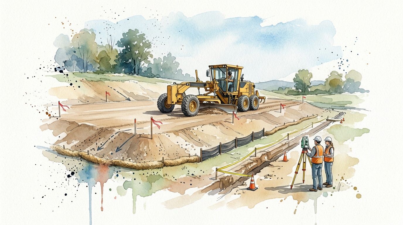 Construction workers surveying a site with a motor grader grading land for a new project development.