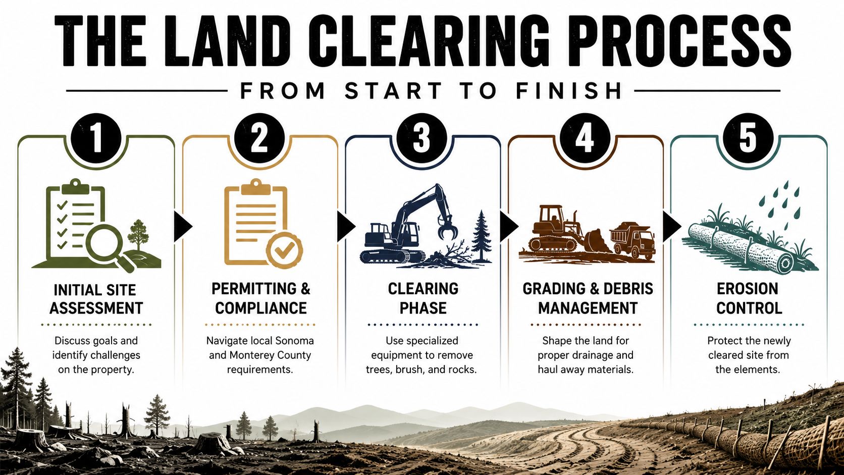 A five-step infographic illustration outlining the professional land clearing process from site assessment to erosion control.