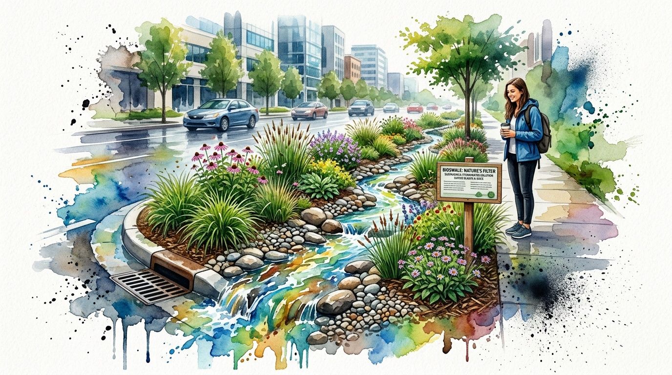 A watercolor illustration of a city bioswale managing storm water runoff next to a sidewalk and street.