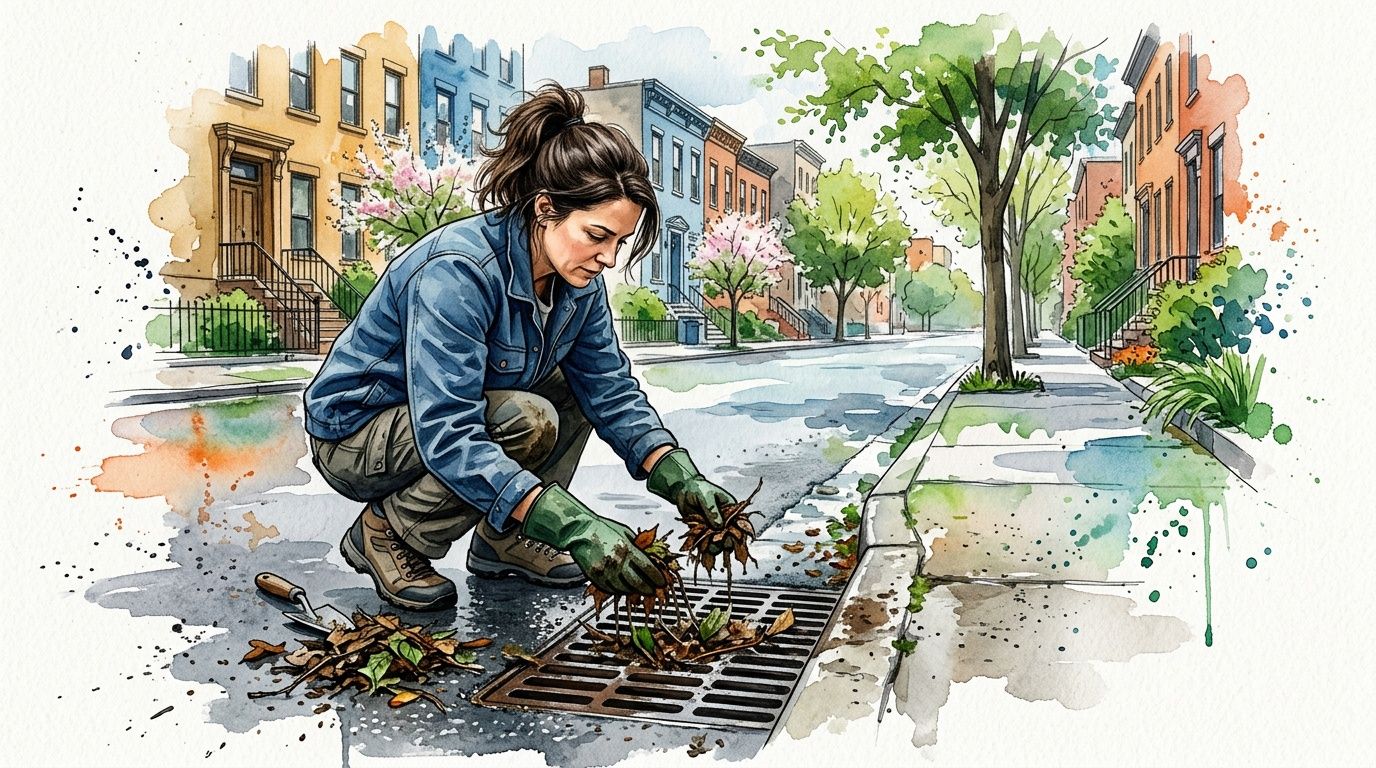 A woman cleaning debris from a storm drain to ensure proper water flow on a city street.