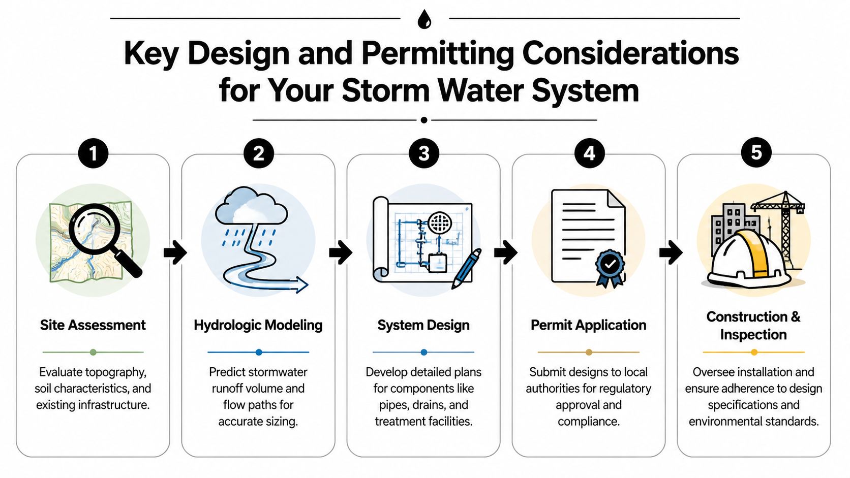 A five-step infographic showing the process for designing and obtaining permits for a storm water system.
