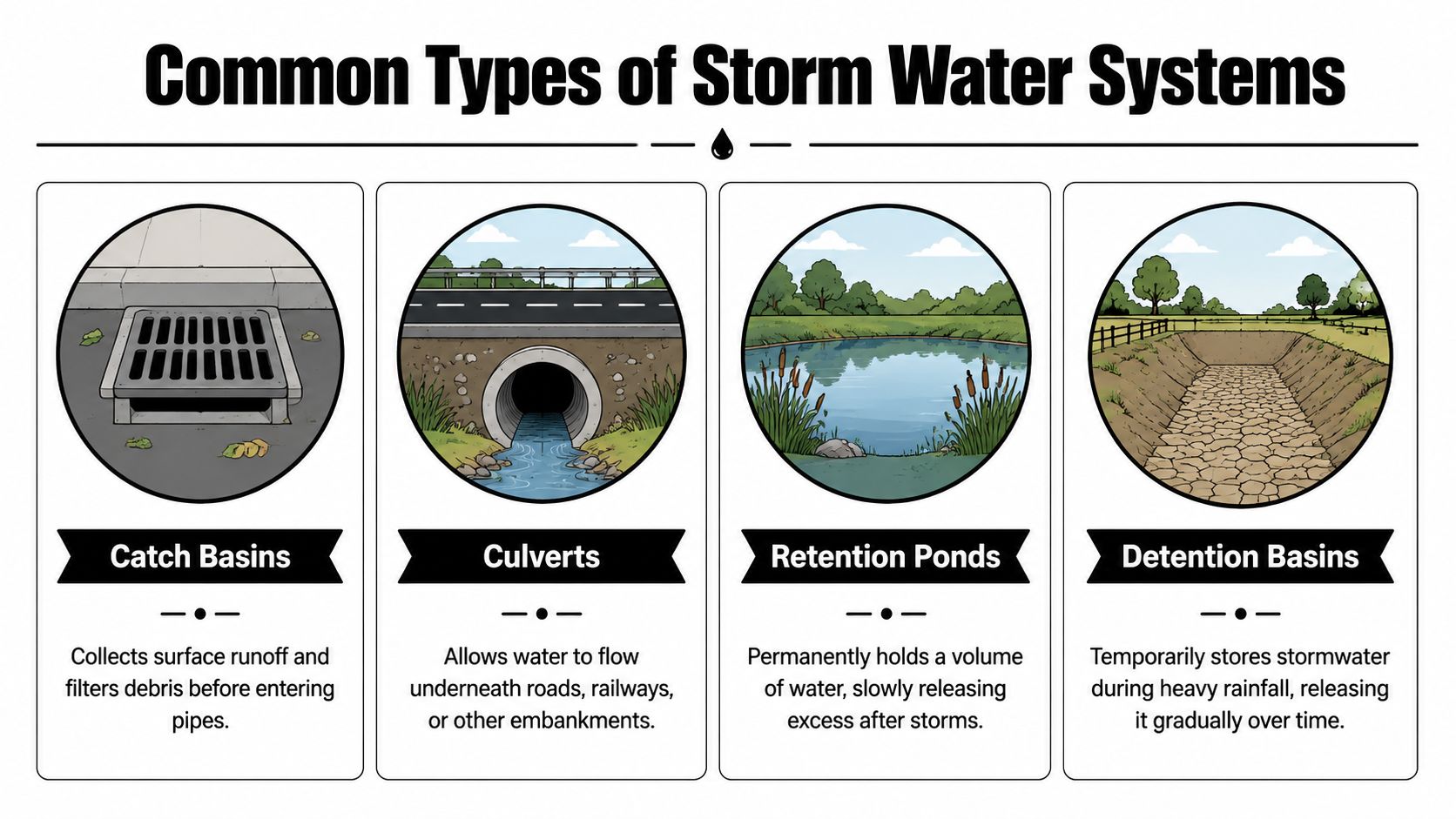 An infographic illustrating four common types of storm water systems including catch basins, culverts, retention ponds, and detention basins.