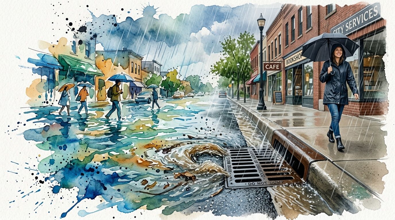 A watercolor illustration of people walking in the rain near a street storm water drainage system.