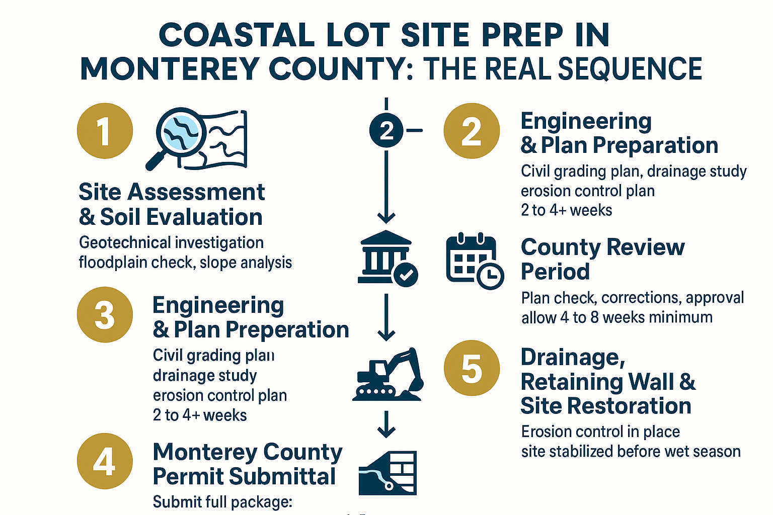 Infographic showing the 6-step sequence for coastal lot site prep in Monterey County from assessment to completion