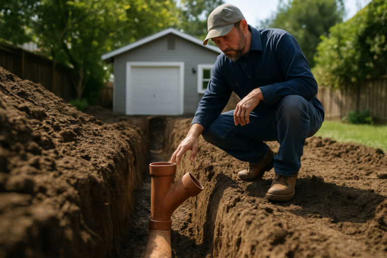 Worker examining exposed sewer pipe with wye fitting in a residential backyard trench during an ADU sewer connection project.