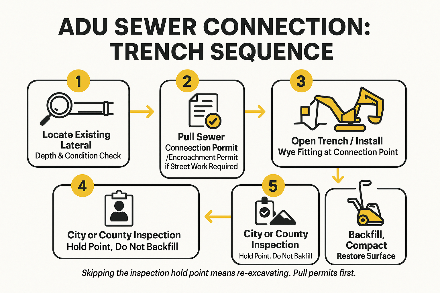 Infographic showing the six-step sequence for an ADU sewer lateral connection trench from locate through inspection and backfill.