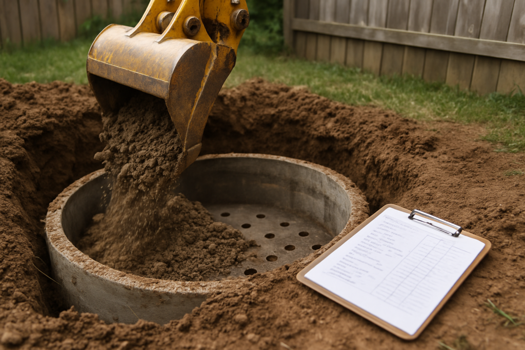 Excavator working beside an open septic tank demolition site with field documentation notes on a clipboard nearby.