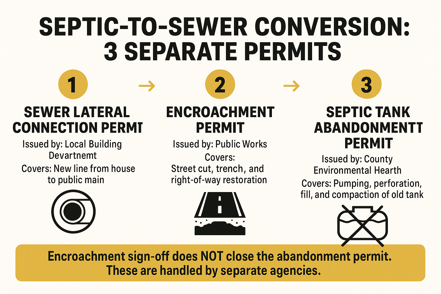 Infographic showing the three separate permits required for a septic-to-sewer conversion and which agency issues each one.