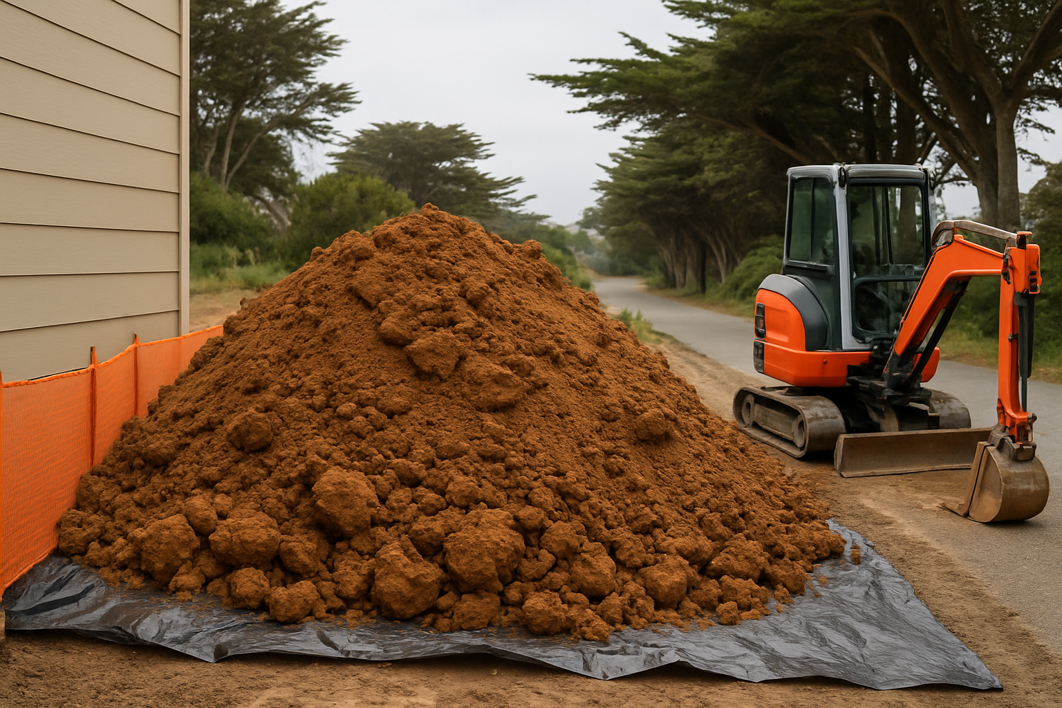 Stockpiled excavated soil behind silt fencing on a tight residential lot awaiting truck haul off