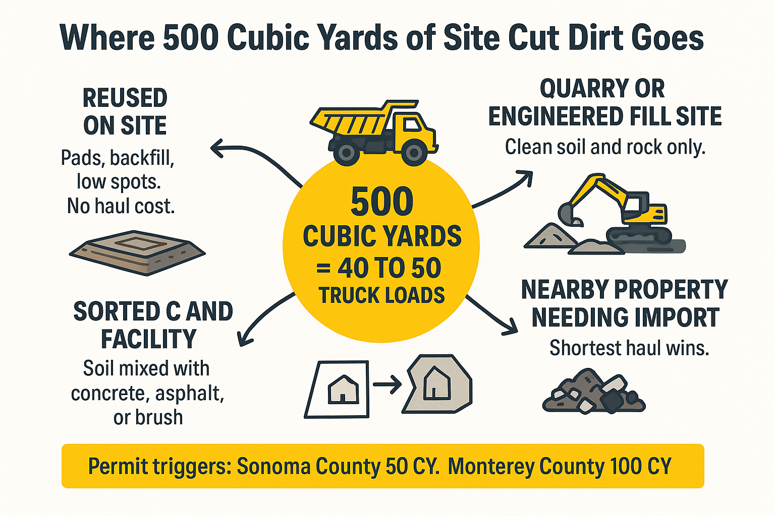 Infographic showing where excess dirt goes after excavation, from on site reuse to quarries and sorting facilities
