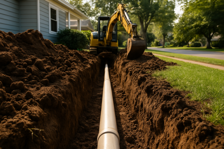 Open excavation trench with sewer pipe laid in bottom running from residential yard toward street during septic to sewer conversion