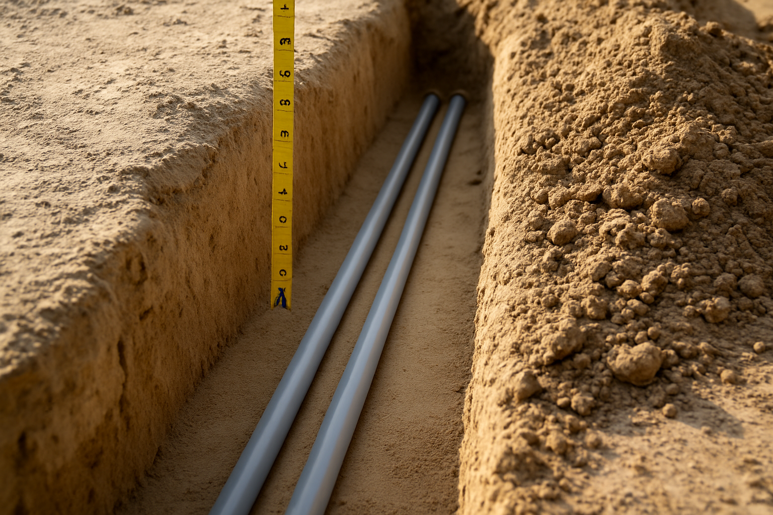 Open trench with gray PVC conduit on sand bedding and a tape measure showing burial depth