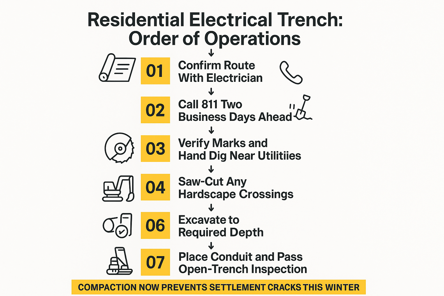Infographic showing the seven steps of a residential electrical trenching job from 811 locate to surface restoration