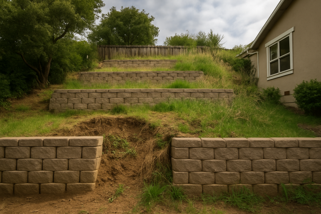 Terraced retaining walls on a residential slope in Sonoma County with visible weathering and overgrown vegetation between tiers.