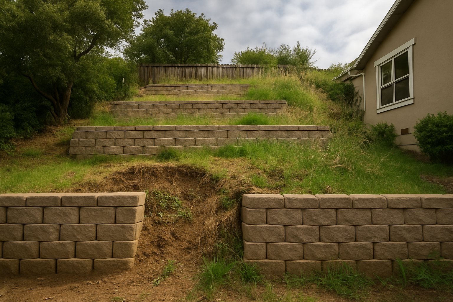 Terraced retaining walls on a residential slope in Sonoma County with visible weathering and overgrown vegetation between tiers.