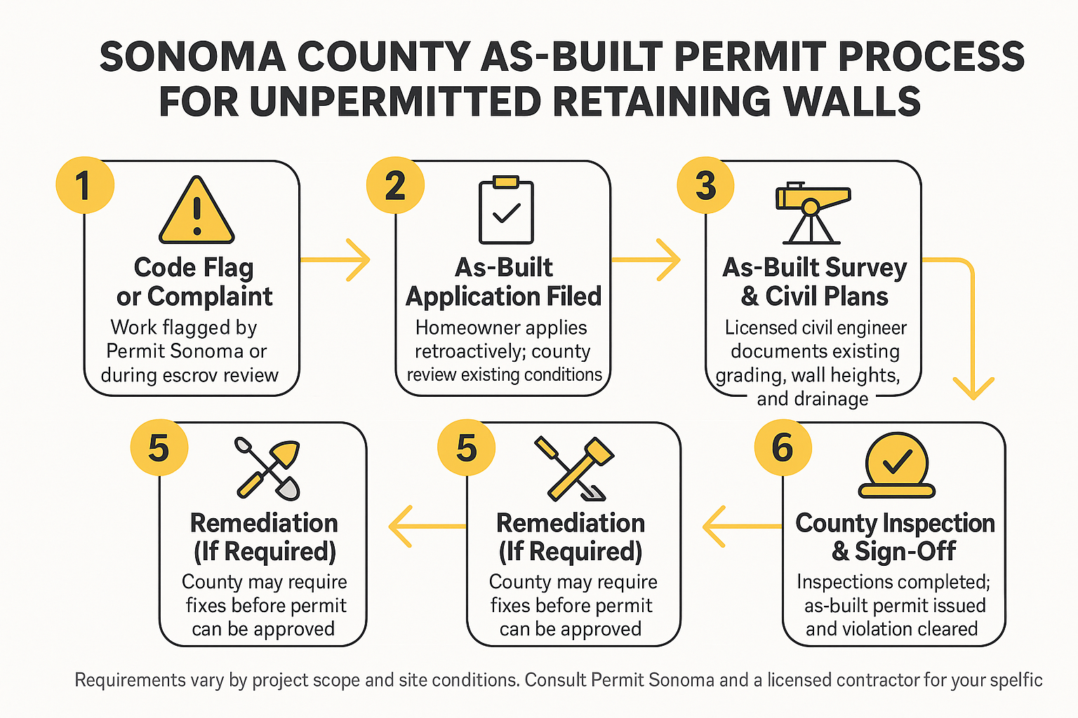 Infographic showing the six-step as-built permit process for unpermitted retaining walls in Sonoma County, from code flag to county sign-off
