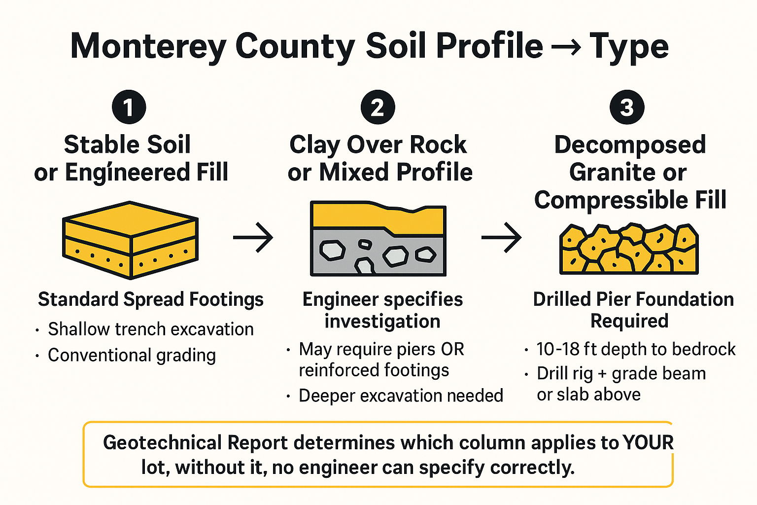 Infographic showing how three Monterey County soil profiles each lead to a different foundation type and excavation approach.
