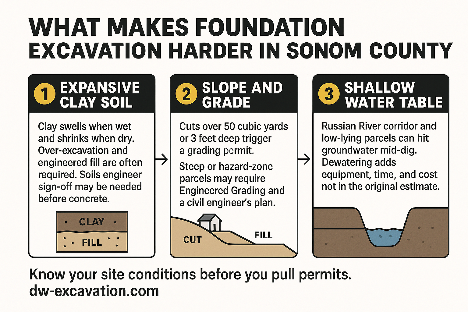 Infographic showing three factors that complicate foundation excavation in Sonoma County: clay soil, slope, and water table