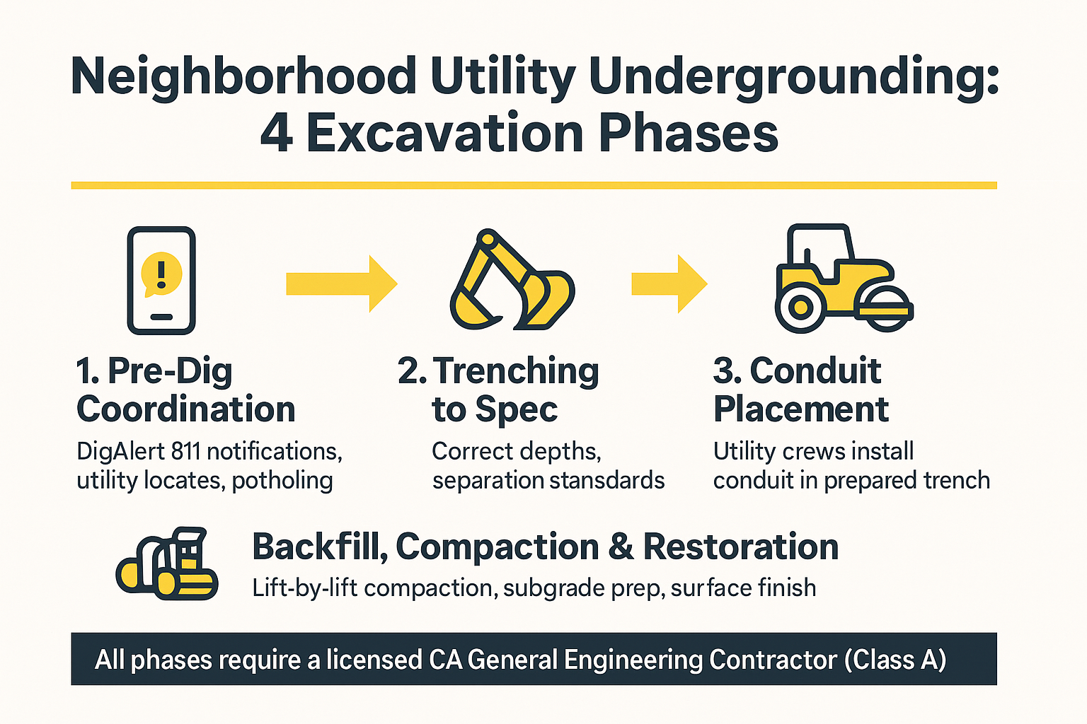 Infographic showing the four phases of neighborhood utility undergrounding excavation from pre-dig coordination to surface restoration.