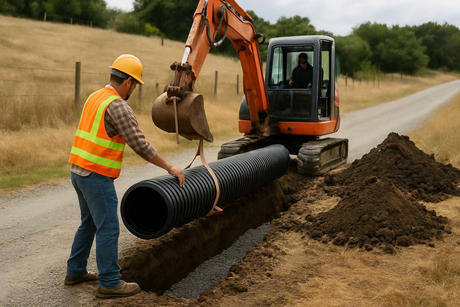 Excavator lowering a corrugated culvert pipe onto crushed rock bedding in a trench across a gravel driveway