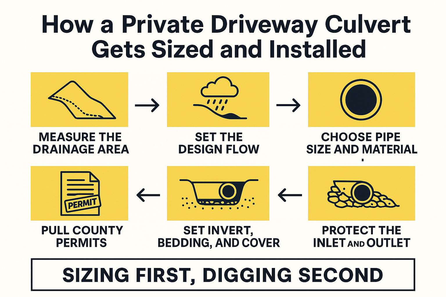 Infographic showing six steps for sizing and installing a driveway culvert on private property