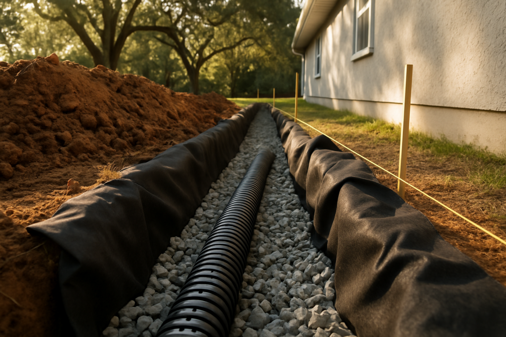 Open french drain trench with perforated pipe, washed rock and geotextile fabric beside a house foundation