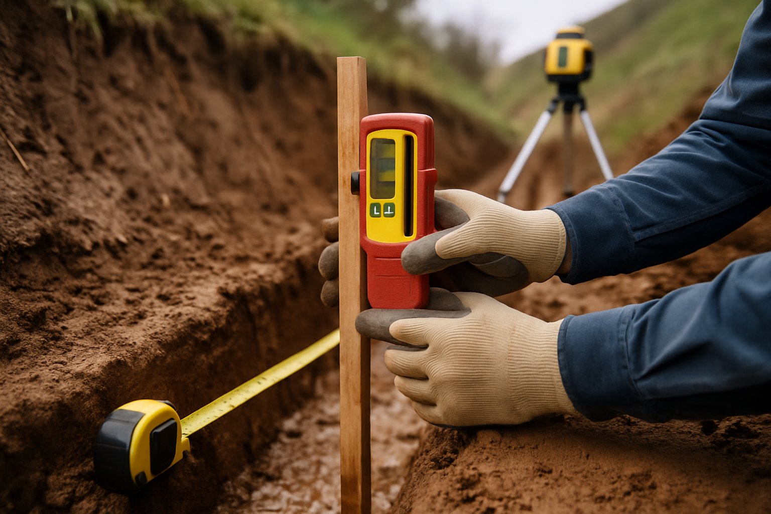 Contractor checking trench fall with a laser level and grade stake in an open drainage trench