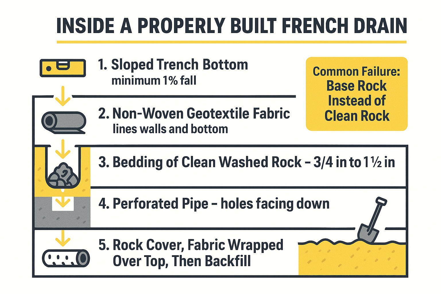 Infographic showing the five layers of a properly built french drain from trench bottom to backfill
