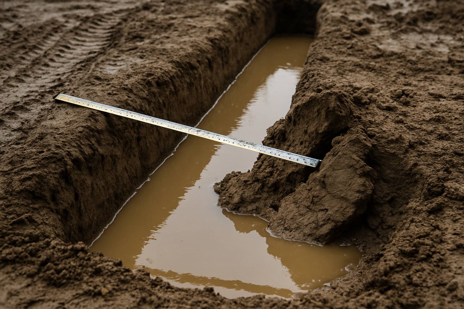 Footing trench in wet clay with standing water and a slumped sidewall after heavy rain