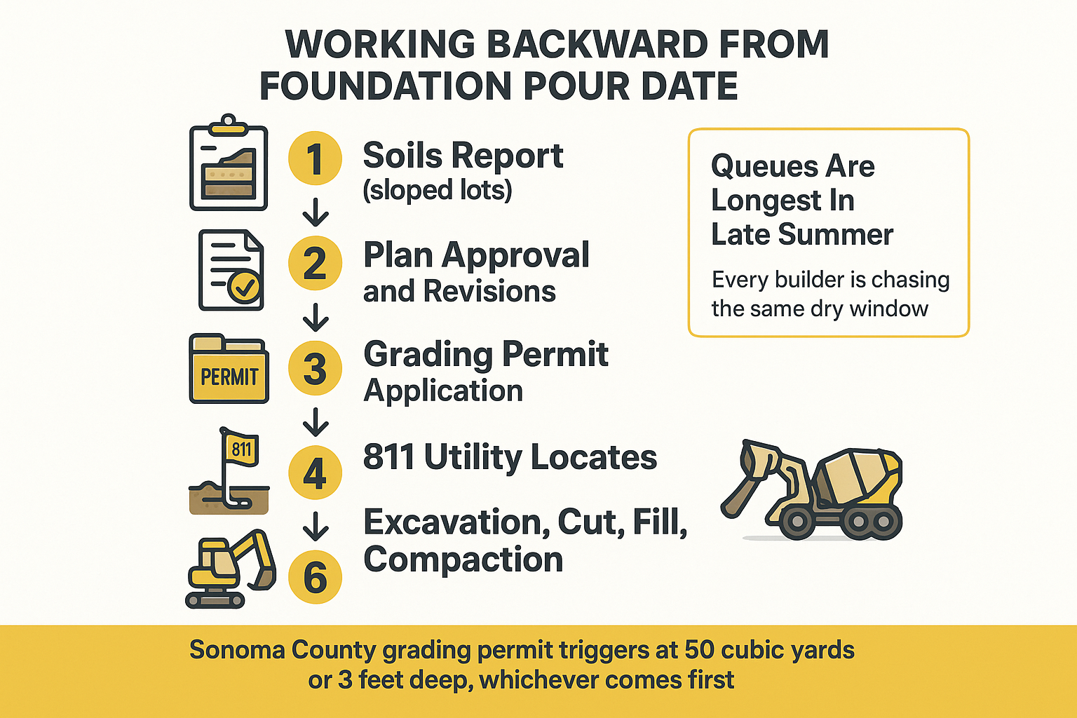Infographic showing the six steps to count backward from a foundation pour date in Sonoma County