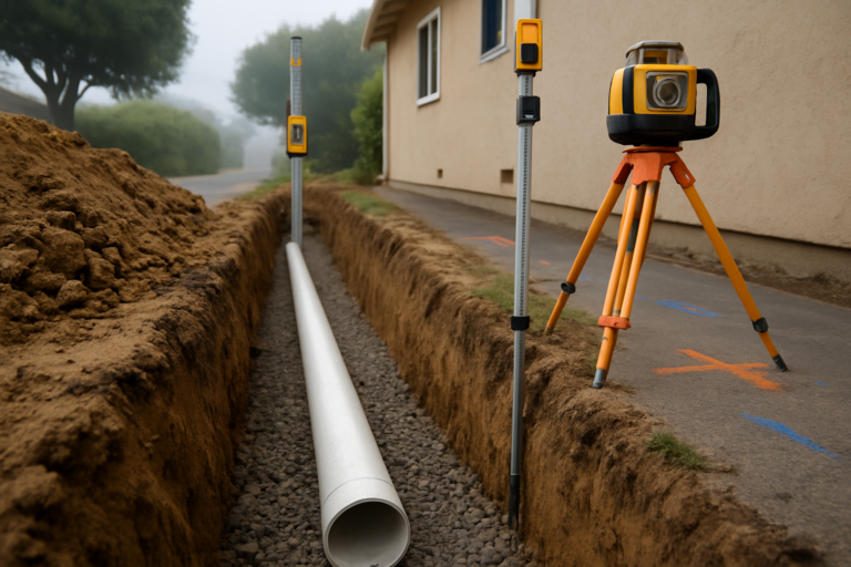 Open trench with a new sewer pipe bedded in gravel and a grade rod set to check slope