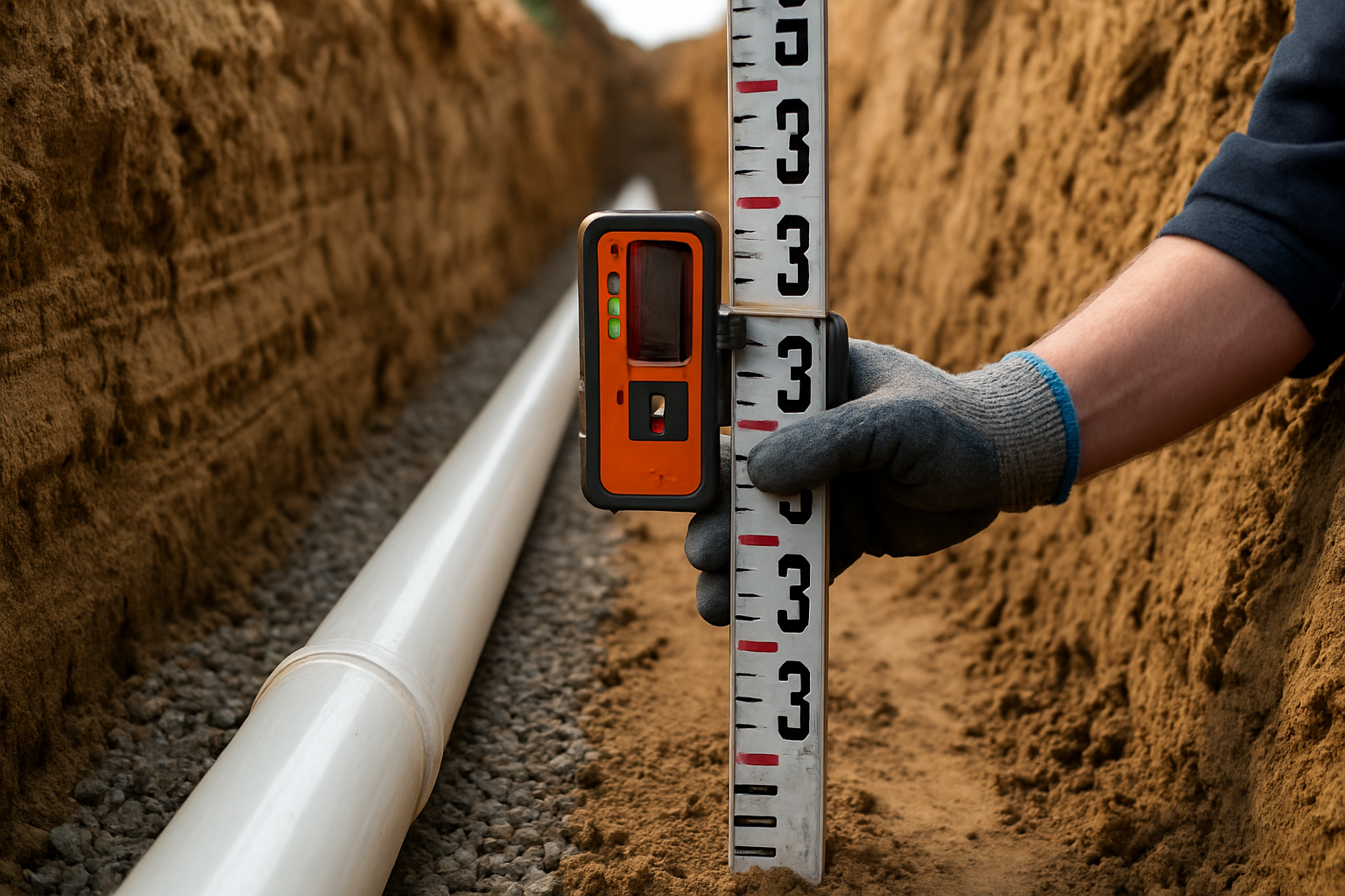 Grade rod and laser receiver used to set exact slope on a new sewer lateral in a trench