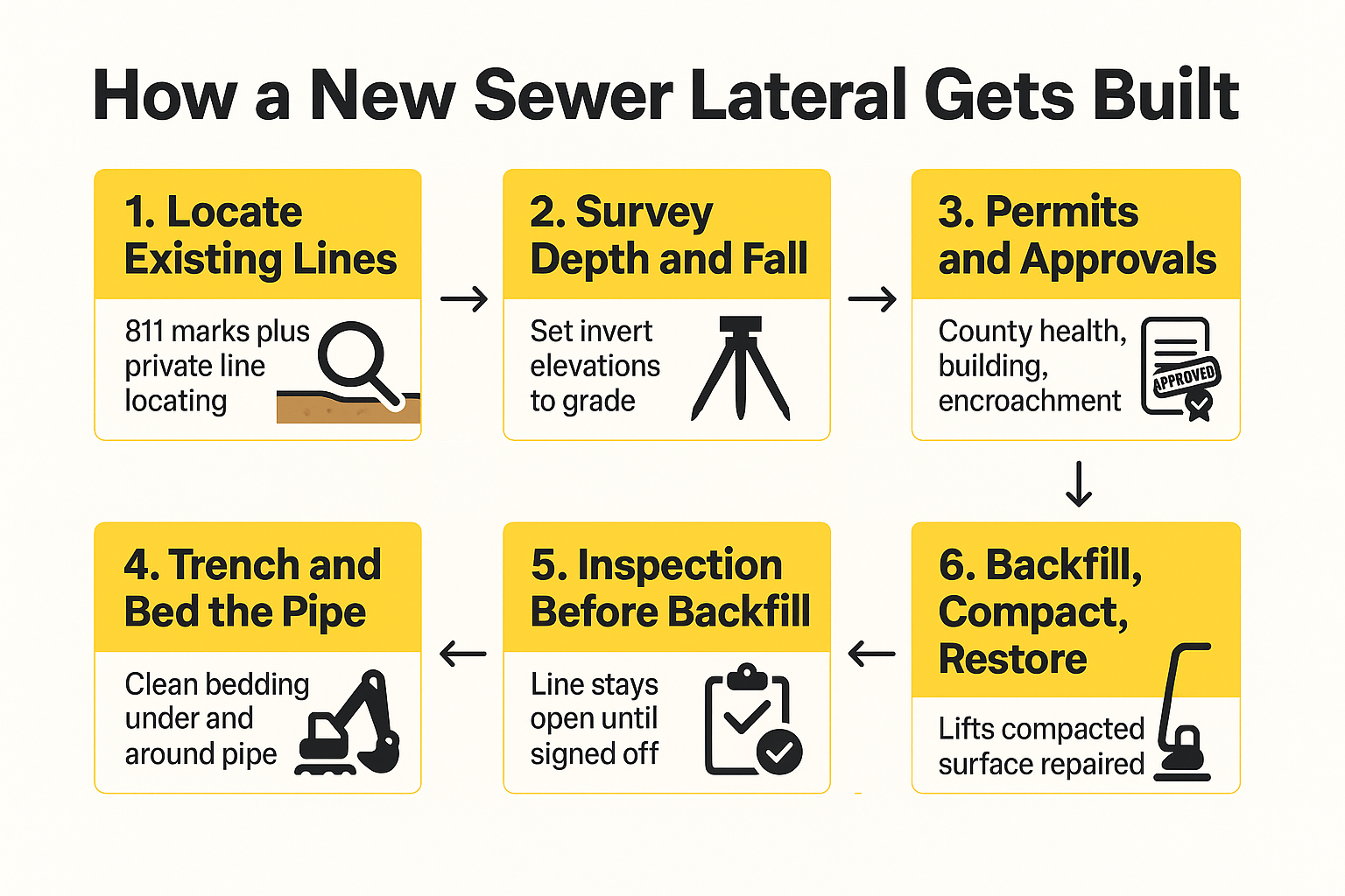 Infographic showing six steps of a sewer lateral installation from utility locating to backfill