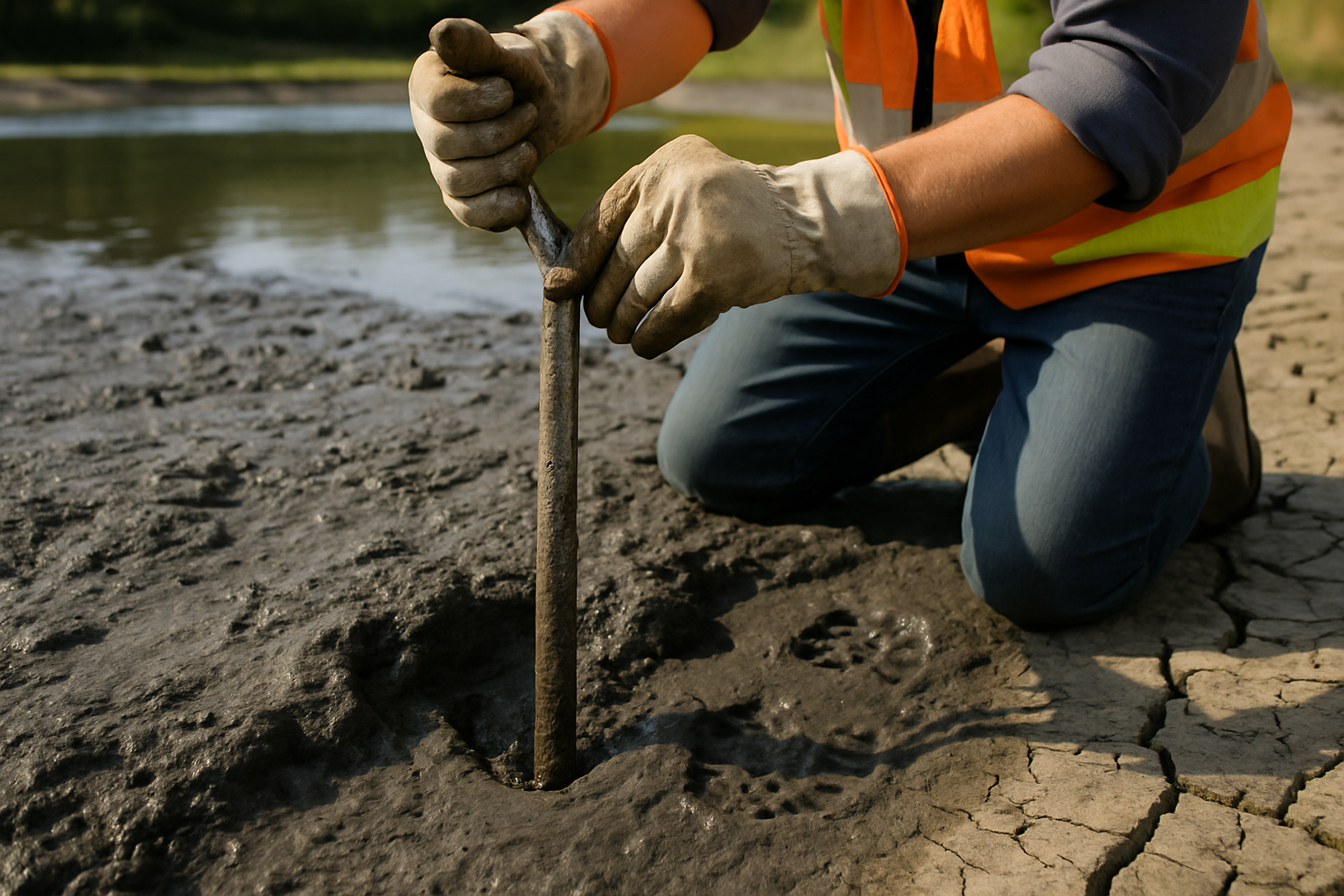 Worker probing sediment depth with a steel rod in soft sludge on a partially drained pond bed