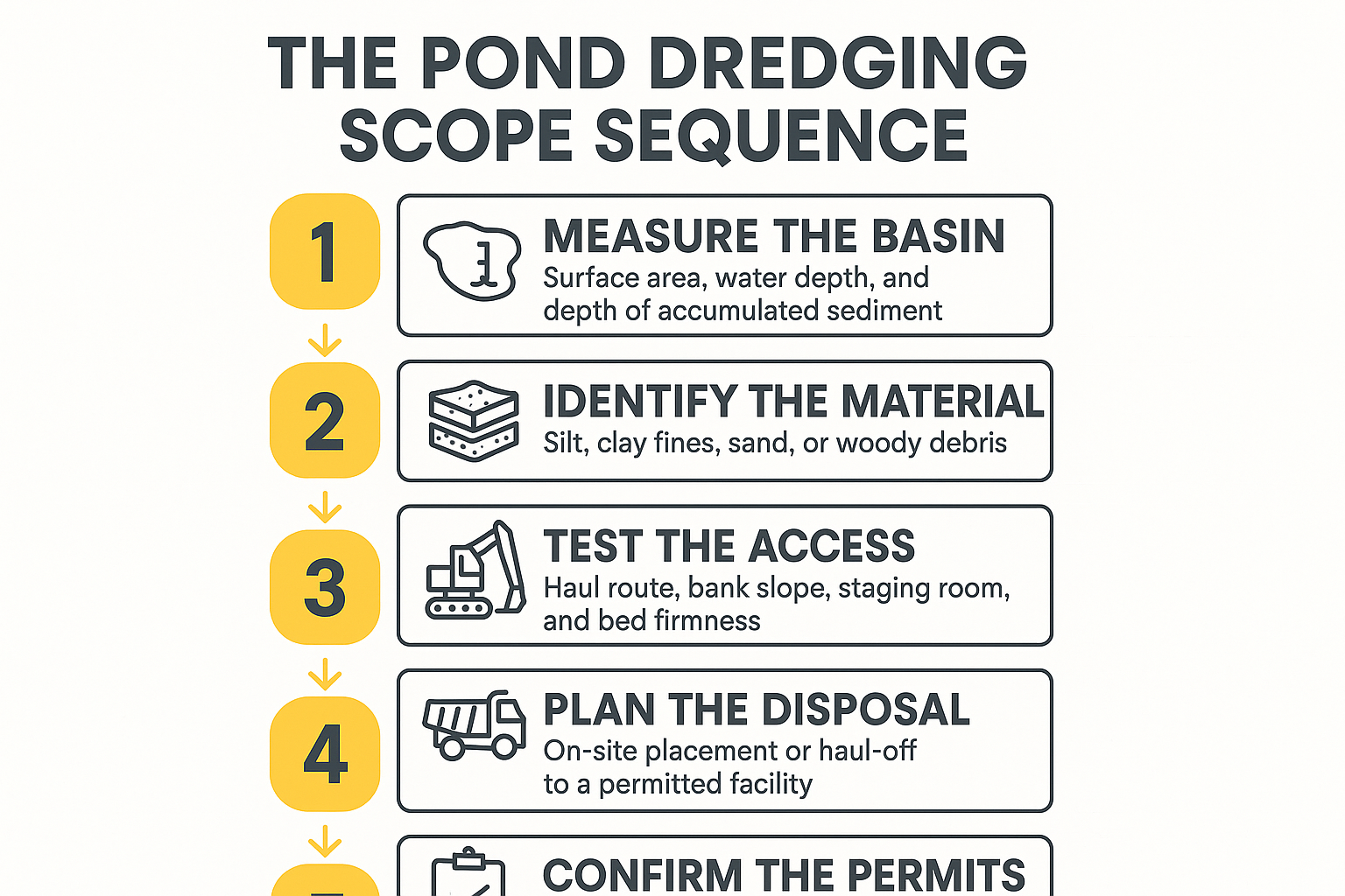 Infographic showing the five step sequence for scoping a pond or lake dredging project