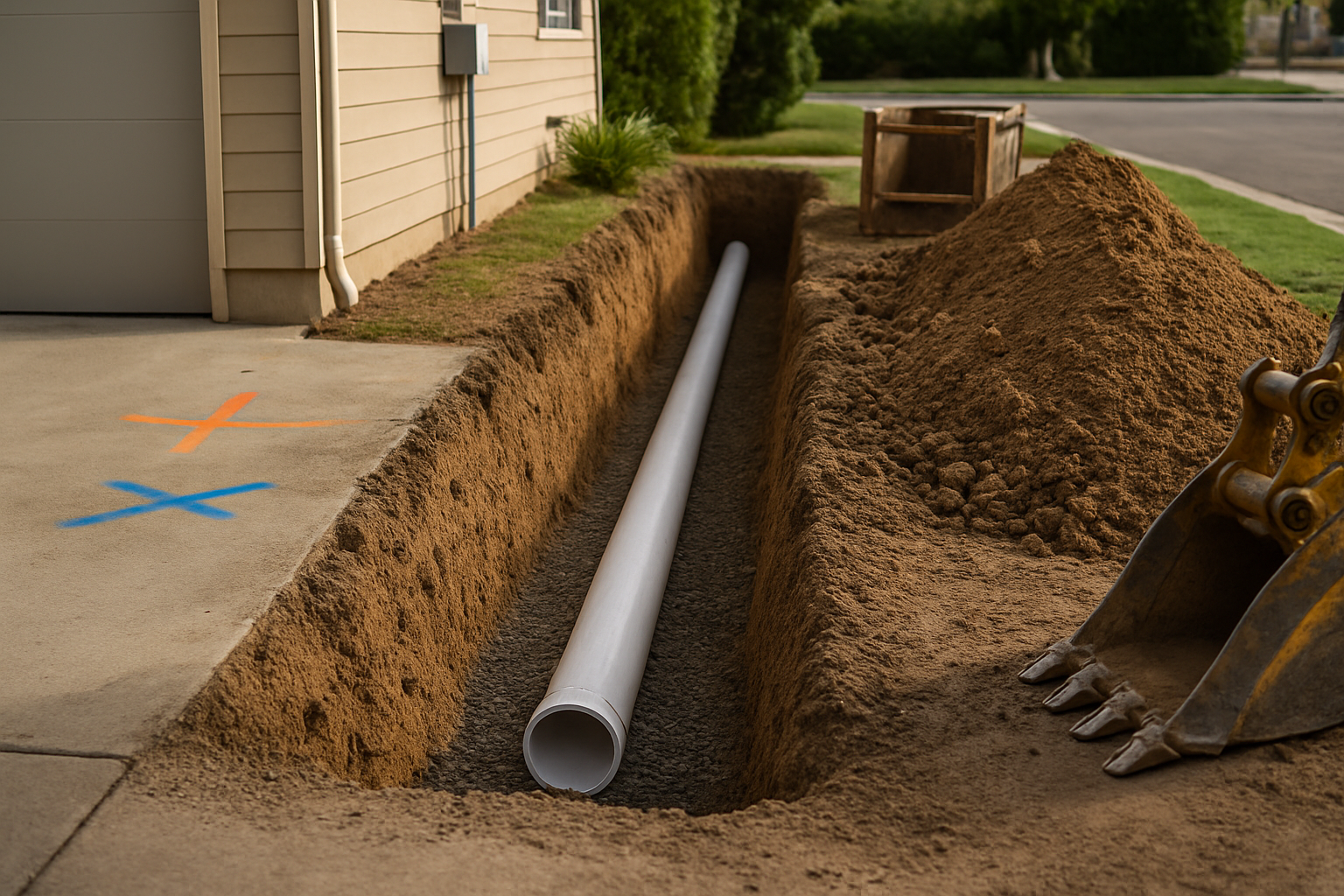 Open trench across a side yard with sewer pipe on gravel bedding and utility locate marks on the driveway