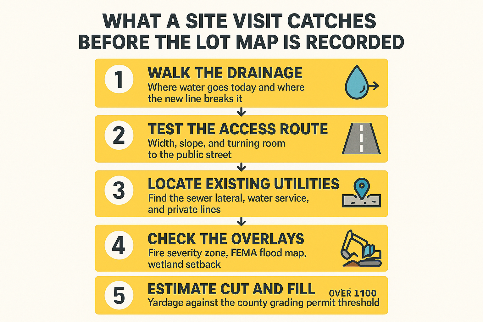 Infographic showing the five steps of an early SB 9 site assessment for drainage, access, utilities, and grading