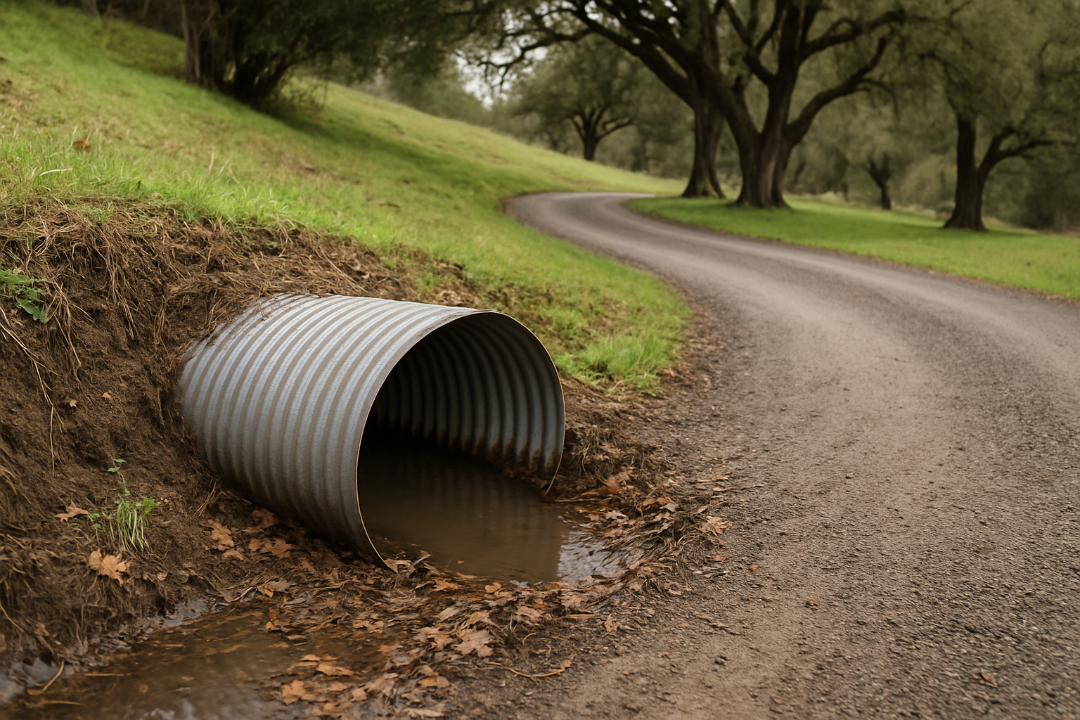Silted-in culvert under a rural driveway approach with standing water on the uphill side after winter rain