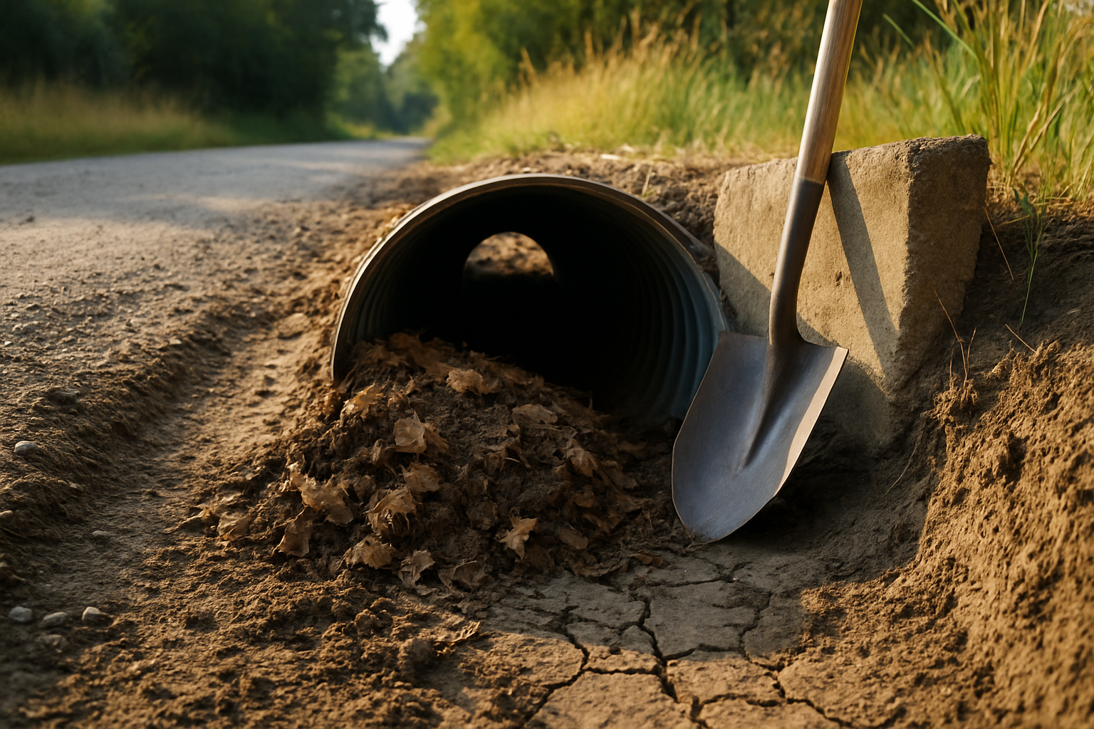 Sediment blocking a rural culvert inlet along a gravel road before winter storm season