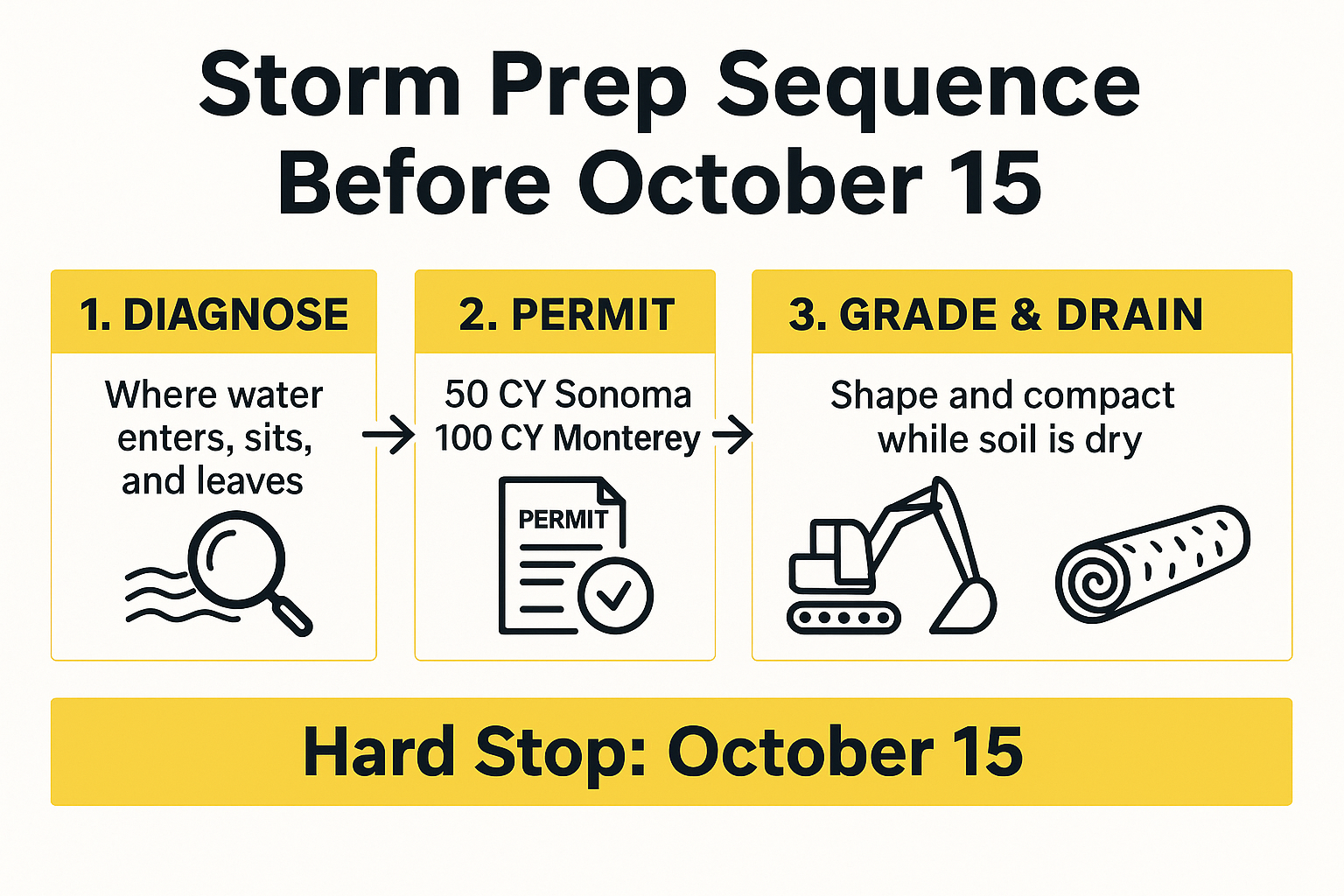 Infographic showing the four step storm prep sequence: diagnose, permit, grade and drain, protect, before October 15
