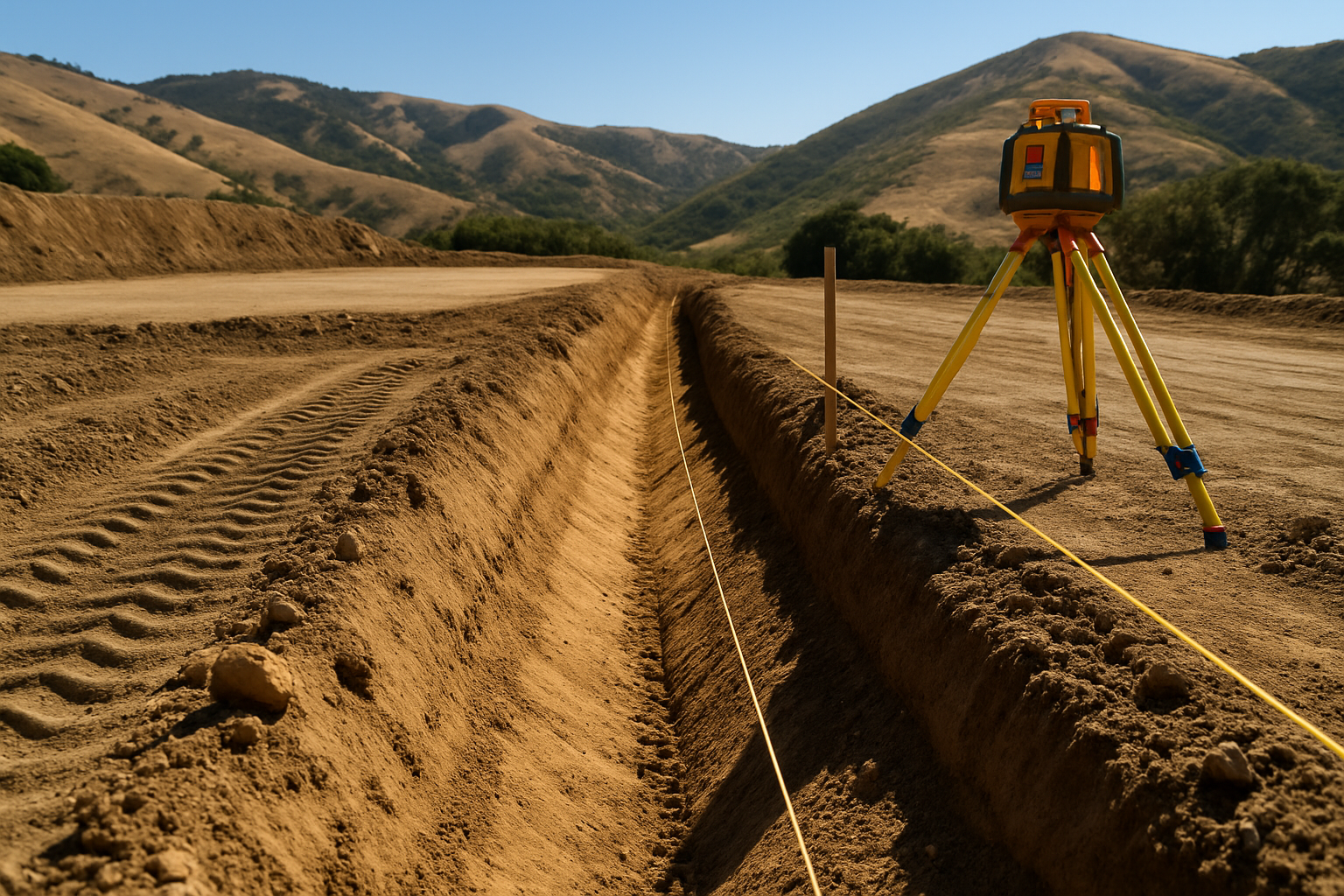 Graded drainage swale with grade stakes and a laser level on a sloping California building site