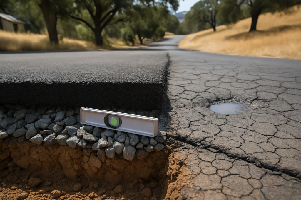 Cut edge of a driveway showing asphalt over crushed base rock over clay soil, with cracked pavement behind