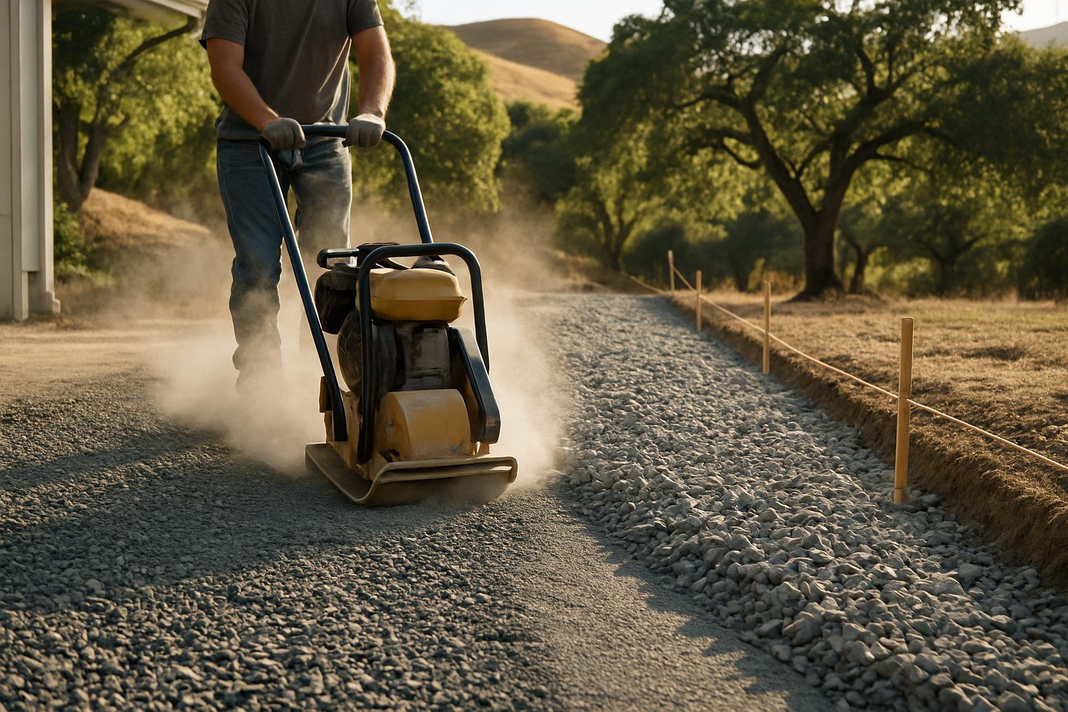 Plate compactor working crushed base rock on a driveway subgrade with grade stakes and string line along the edge