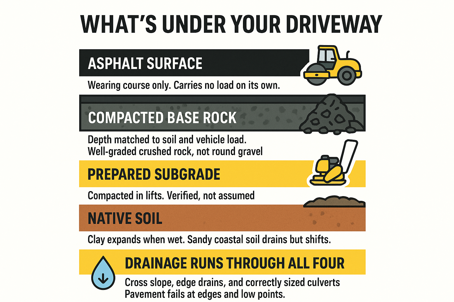 Infographic showing driveway layers from asphalt surface down to native soil and the role of drainage in each