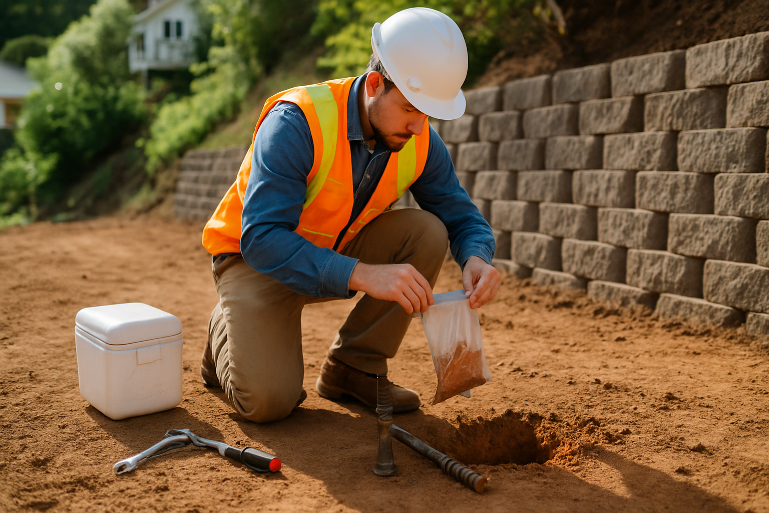 Technician collecting a clay soil sample from a test boring in compacted fill behind a residential retaining wall